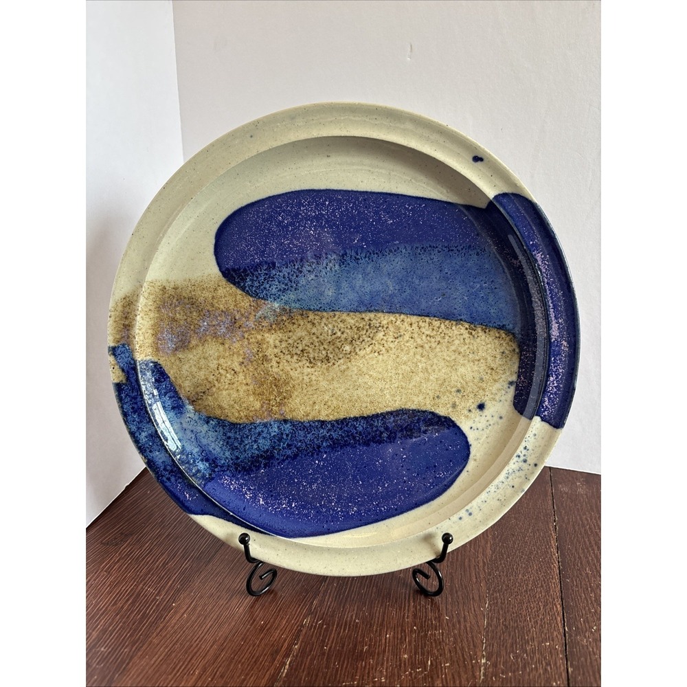 E Black Pottery Retired Asheville NC 11.5" Round Platter Blue Tans Unique